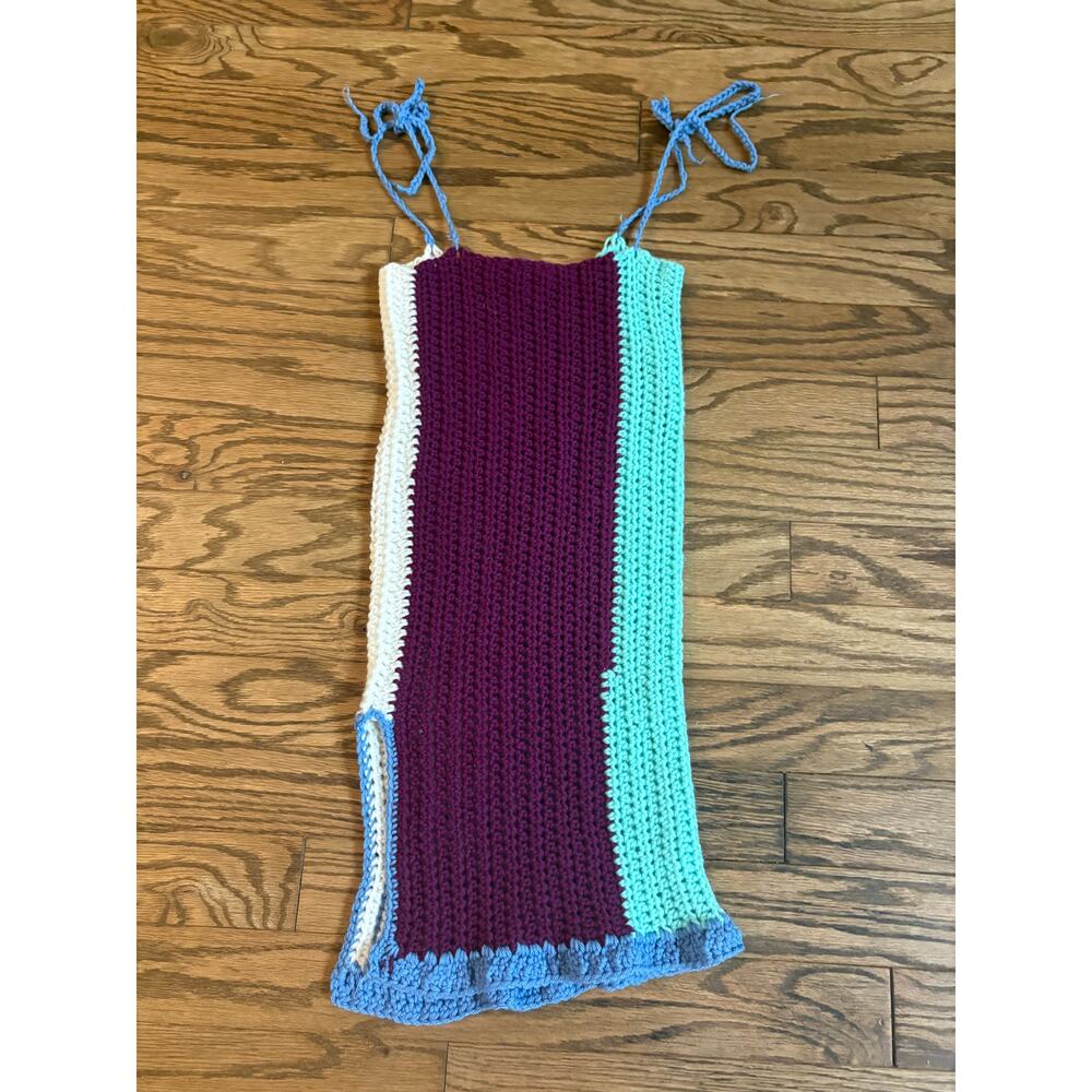 Womens XS Handmade Crochet Bodycon Dress Colorblock Yarn Embroider EUC‎